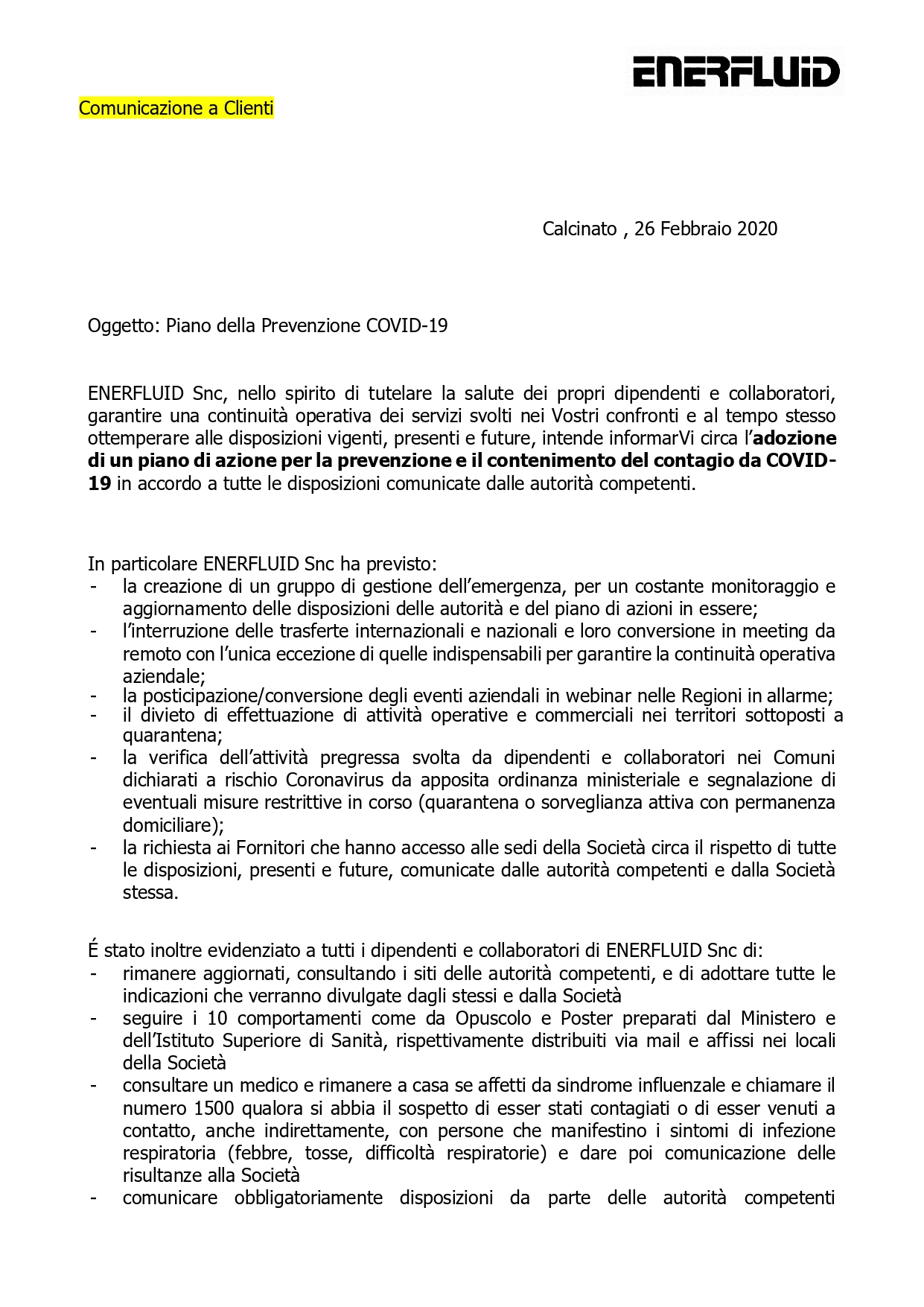 PIANO DELLA PREVENZIONE COVID-19